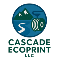 Cascade EcoPrint LLC logo featuring mountains, river, and 3D printer filament spool in green and blue tones